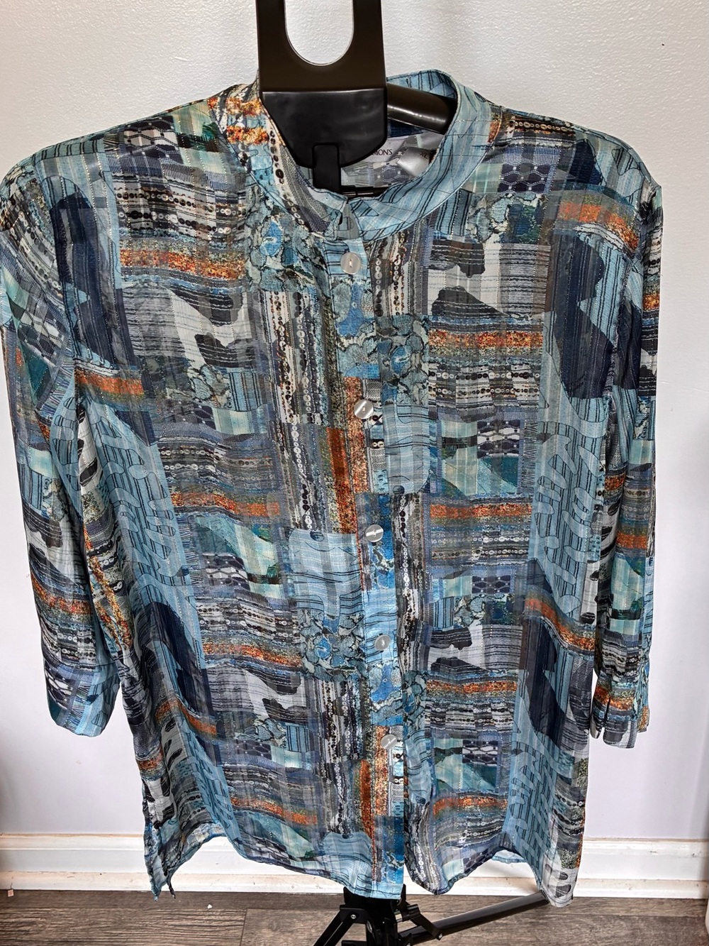 Light Blue Patterned women’s sheer Button-Up Shirt
